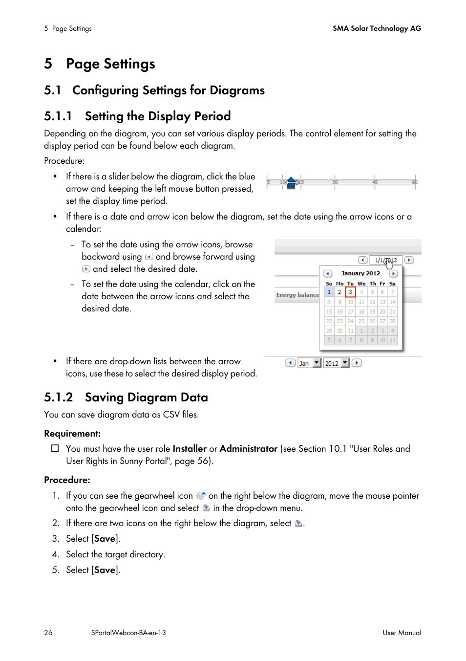 1 configuring settings for diagrams, 1 setting the display period, 2 saving diagram data | 5 page settings | SMA Webconnect Systems in SUNNY PORTAL User Manual | Page 26 / 69