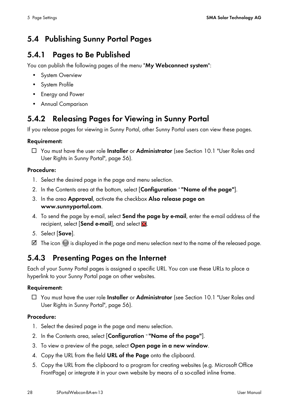 2 releasing pages for viewing in sunny portal, 3 presenting pages on the internet | SMA Webconnect Systems in SUNNY PORTAL User Manual | Page 28 / 69