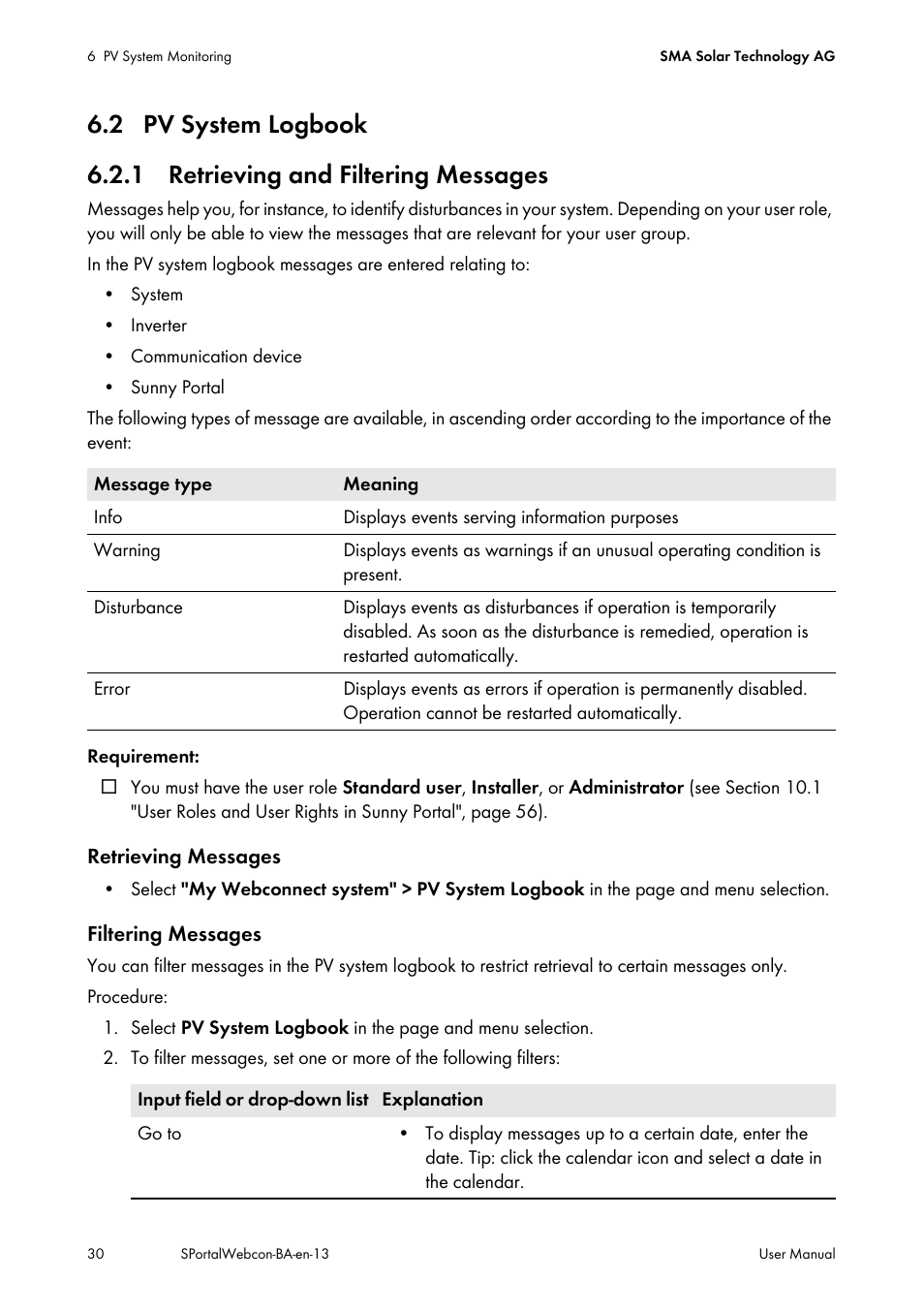 2 pv system logbook, 1 retrieving and filtering messages, N 6.2 | SMA Webconnect Systems in SUNNY PORTAL User Manual | Page 30 / 69