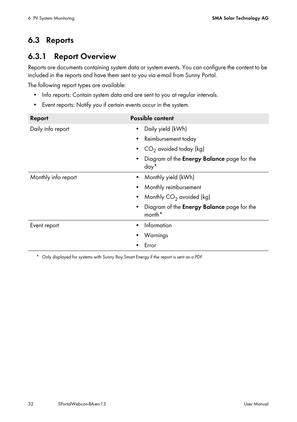 3 reports, 1 report overview, 3 reports 6.3.1 report overview | SMA Webconnect Systems in SUNNY PORTAL User Manual | Page 32 / 69