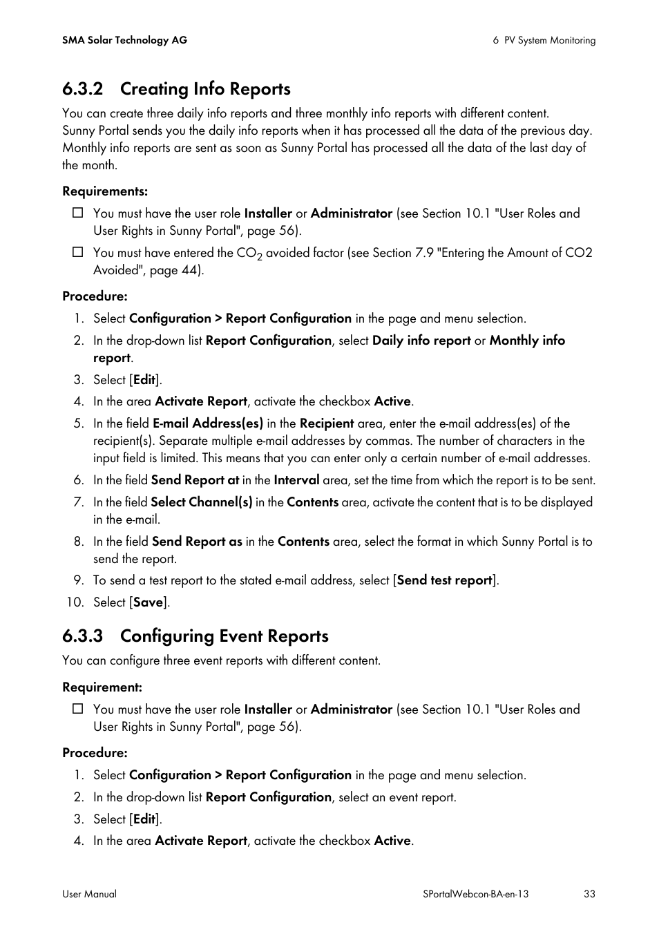 2 creating info reports, 3 configuring event reports | SMA Webconnect Systems in SUNNY PORTAL User Manual | Page 33 / 69
