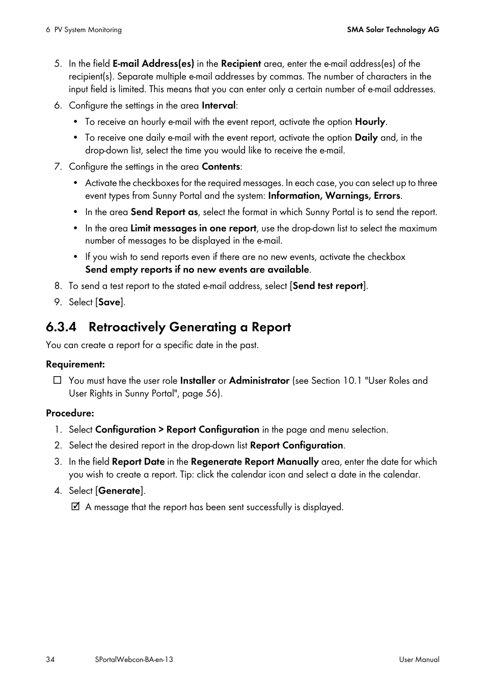 4 retroactively generating a report | SMA Webconnect Systems in SUNNY PORTAL User Manual | Page 34 / 69