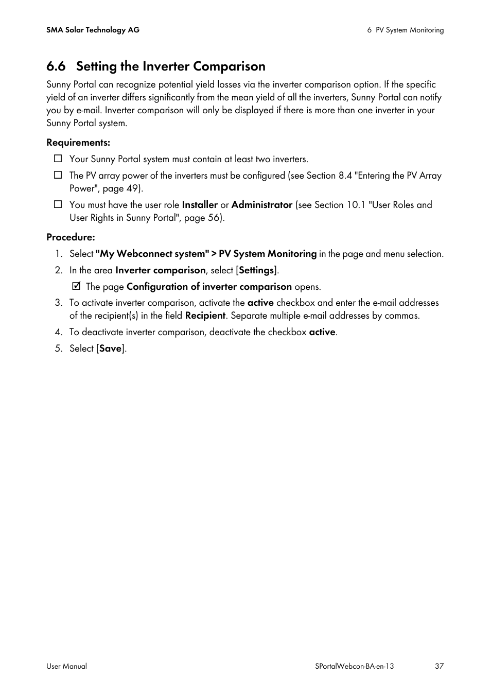 6 setting the inverter comparison | SMA Webconnect Systems in SUNNY PORTAL User Manual | Page 37 / 69