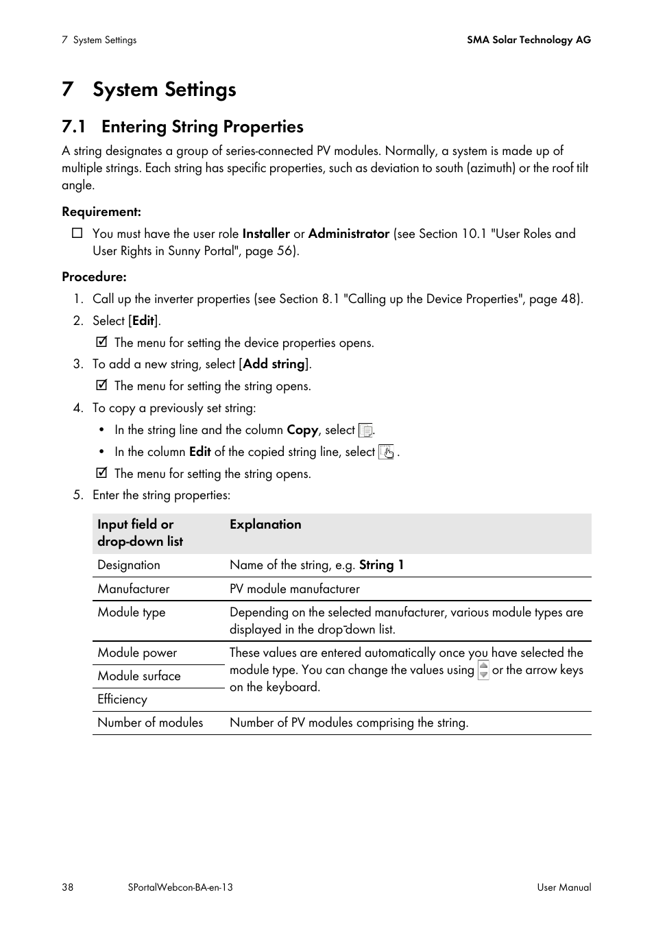 7 system settings, 1 entering string properties | SMA Webconnect Systems in SUNNY PORTAL User Manual | Page 38 / 69