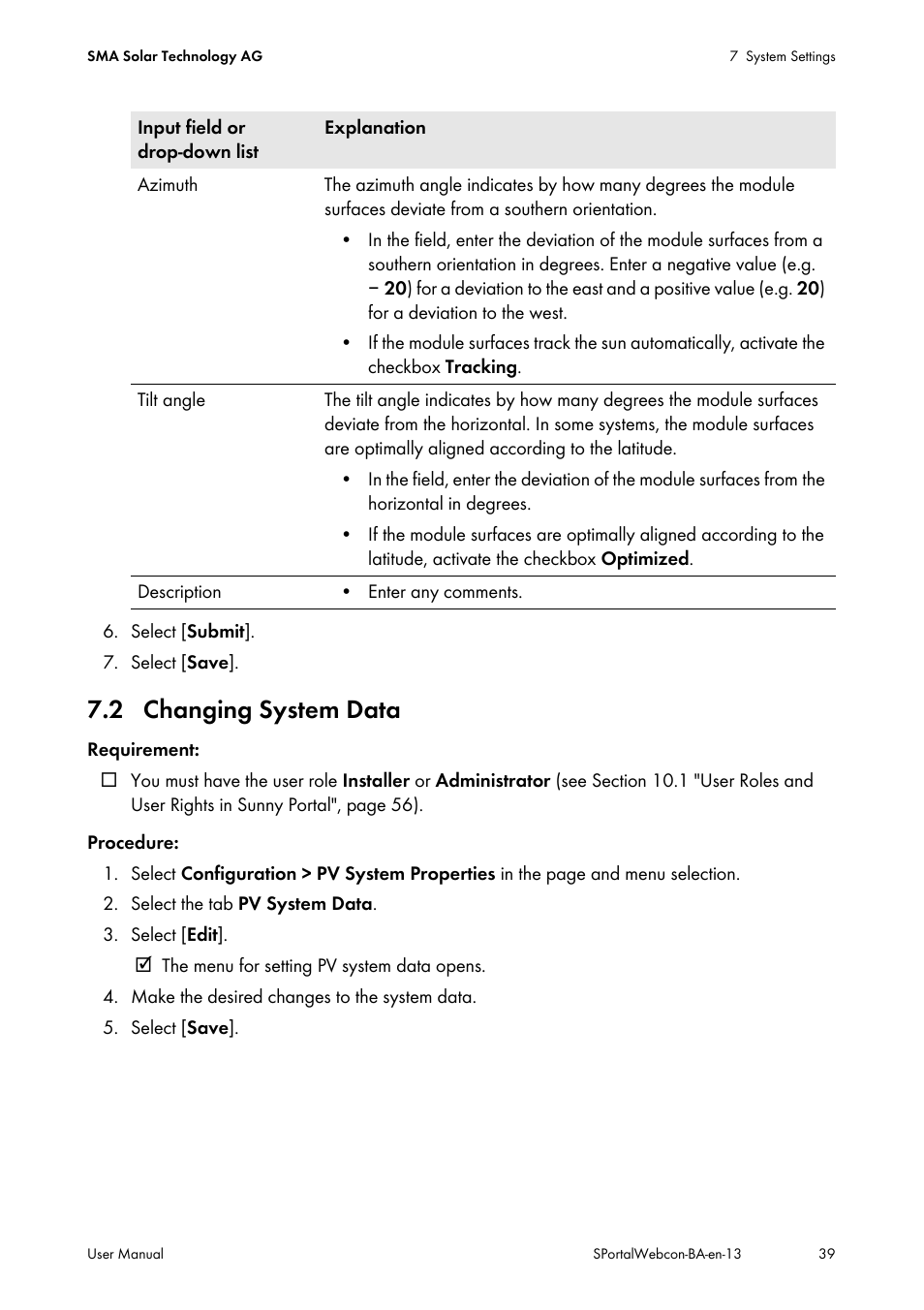 2 changing system data | SMA Webconnect Systems in SUNNY PORTAL User Manual | Page 39 / 69