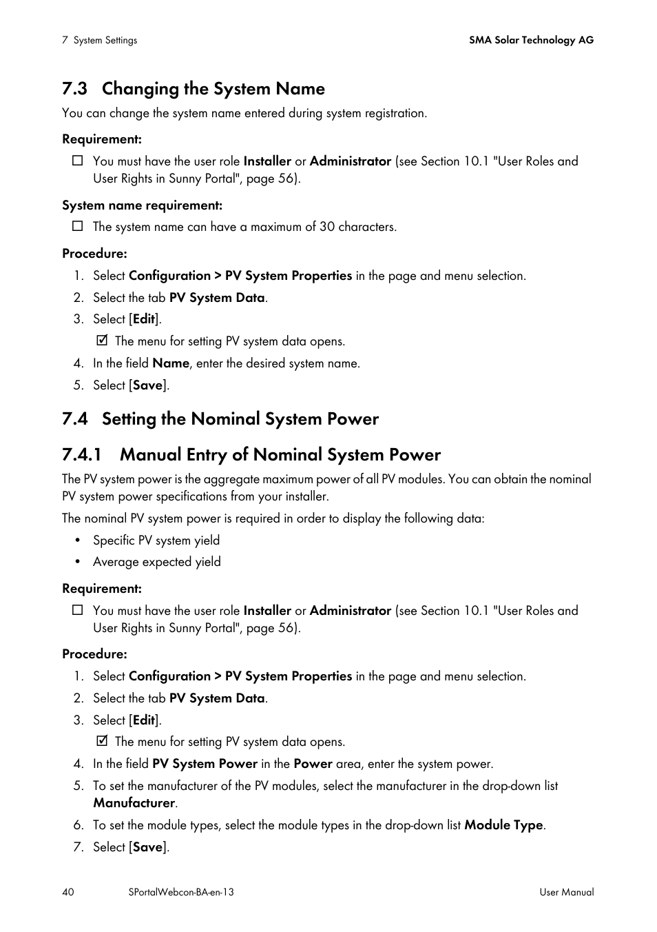 3 changing the system name, 4 setting the nominal system power, 1 manual entry of nominal system power | SMA Webconnect Systems in SUNNY PORTAL User Manual | Page 40 / 69