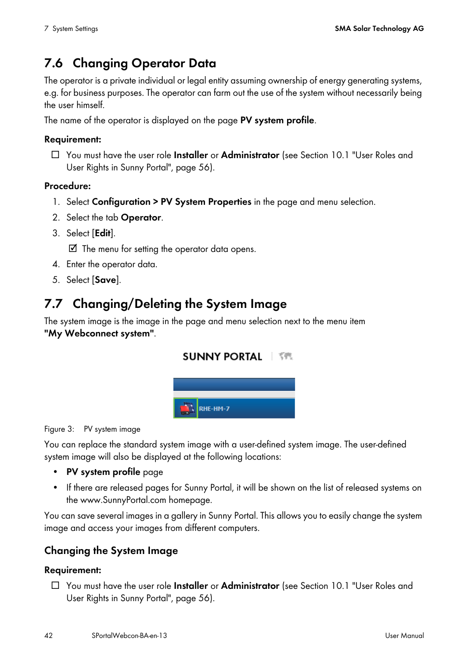 6 changing operator data, 7 changing/deleting the system image | SMA Webconnect Systems in SUNNY PORTAL User Manual | Page 42 / 69