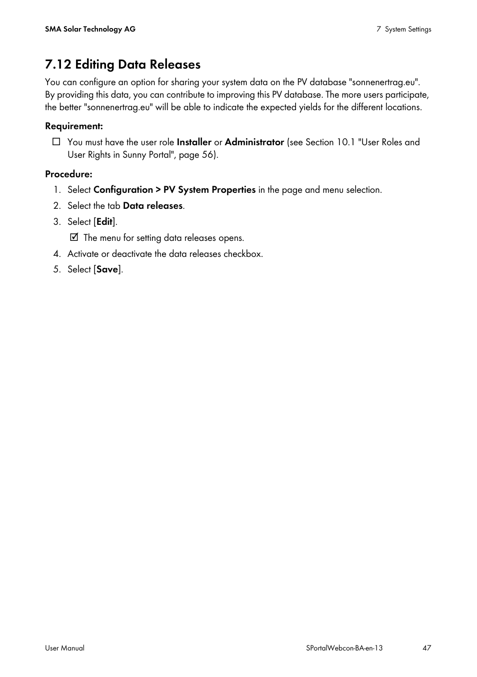 12 editing data releases | SMA Webconnect Systems in SUNNY PORTAL User Manual | Page 47 / 69