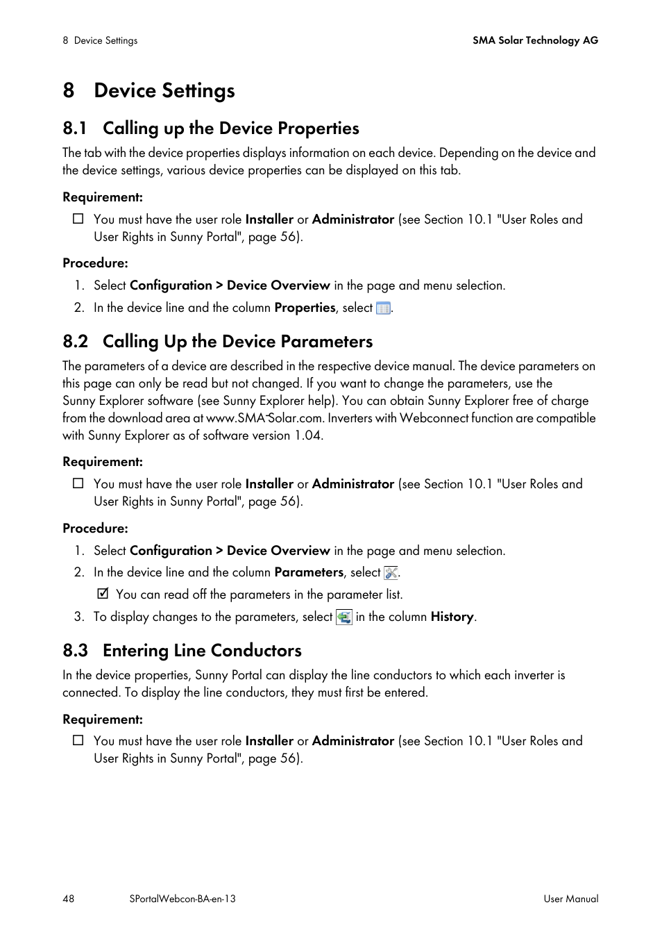 8 device settings, 1 calling up the device properties, 2 calling up the device parameters | 3 entering line conductors | SMA Webconnect Systems in SUNNY PORTAL User Manual | Page 48 / 69