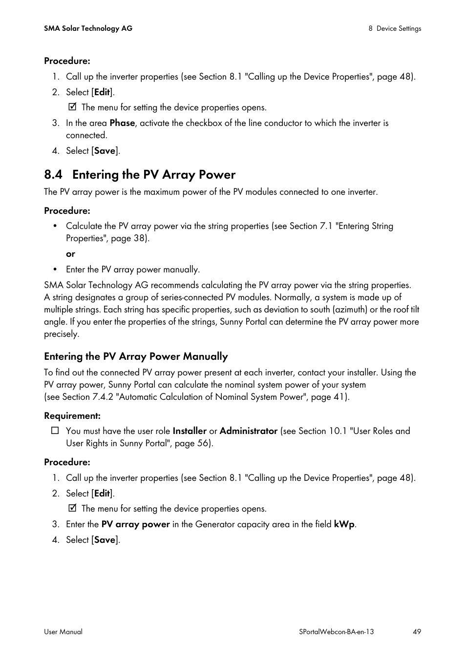 4 entering the pv array power, Gured (see section 8.4 "entering the pv array, See section 8.4 "entering the pv | SMA Webconnect Systems in SUNNY PORTAL User Manual | Page 49 / 69