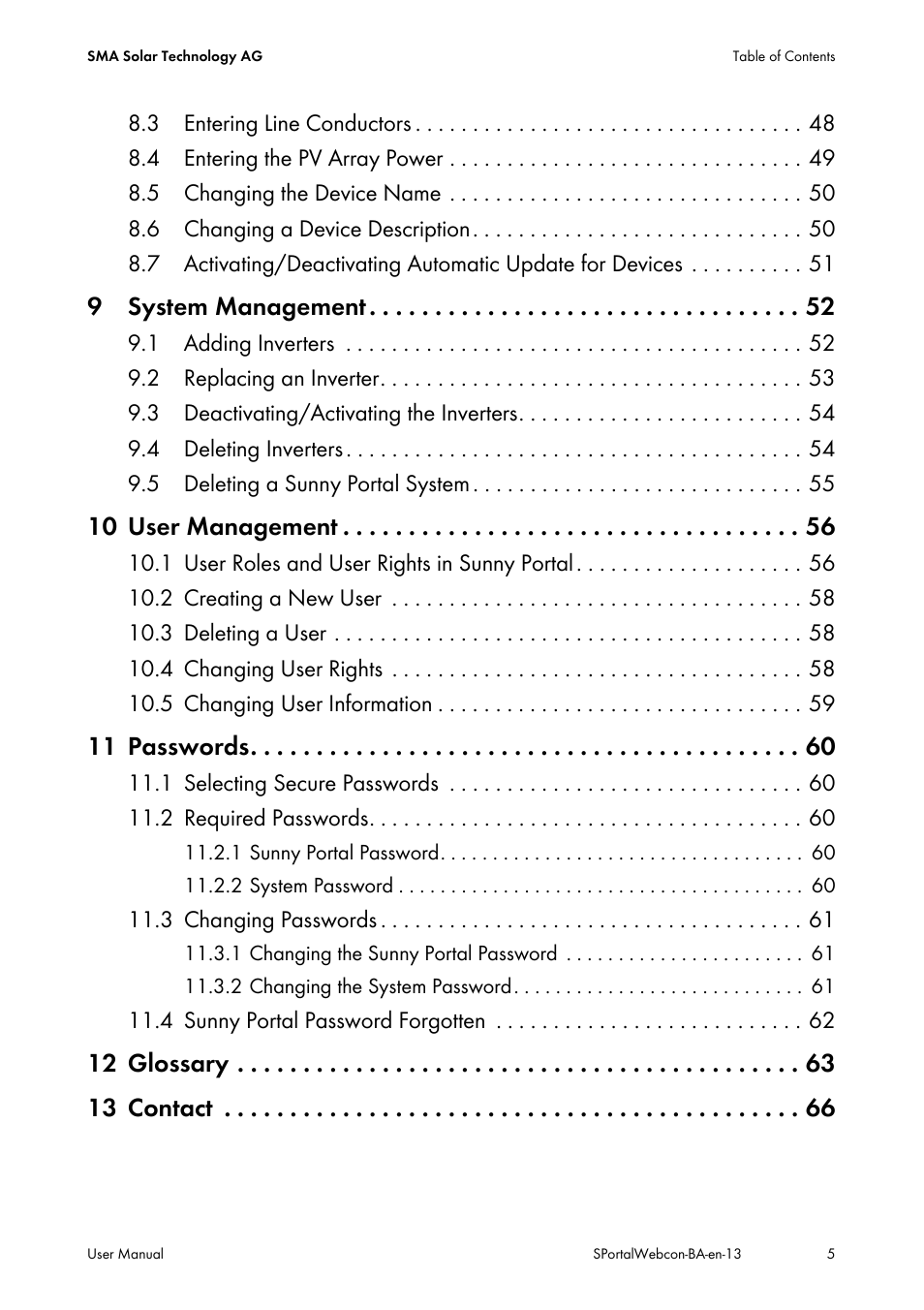 9 system management, 10 user management, 11 passwords | 12 glossary 13 contact | SMA Webconnect Systems in SUNNY PORTAL User Manual | Page 5 / 69