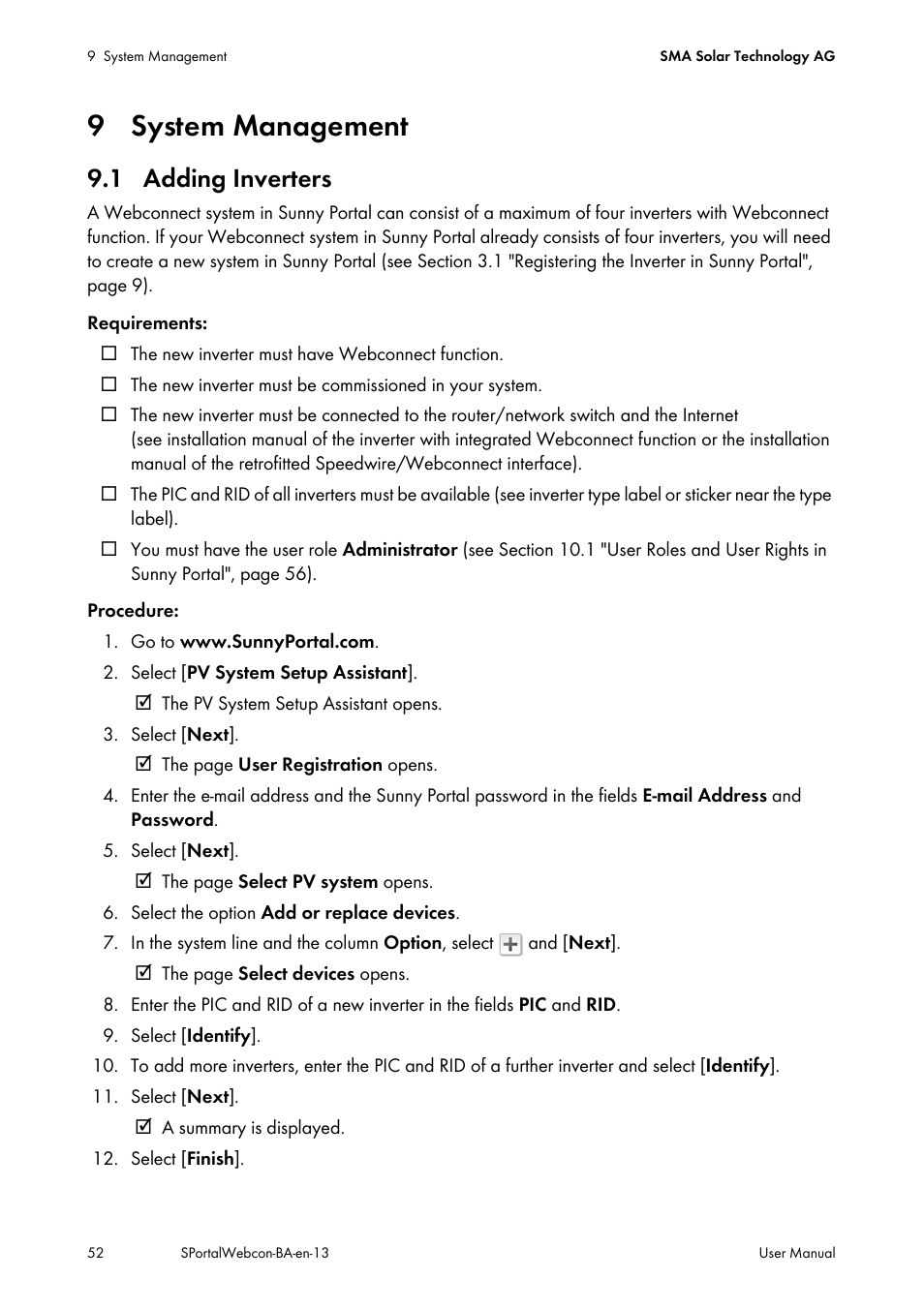 9 system management, 1 adding inverters | SMA Webconnect Systems in SUNNY PORTAL User Manual | Page 52 / 69