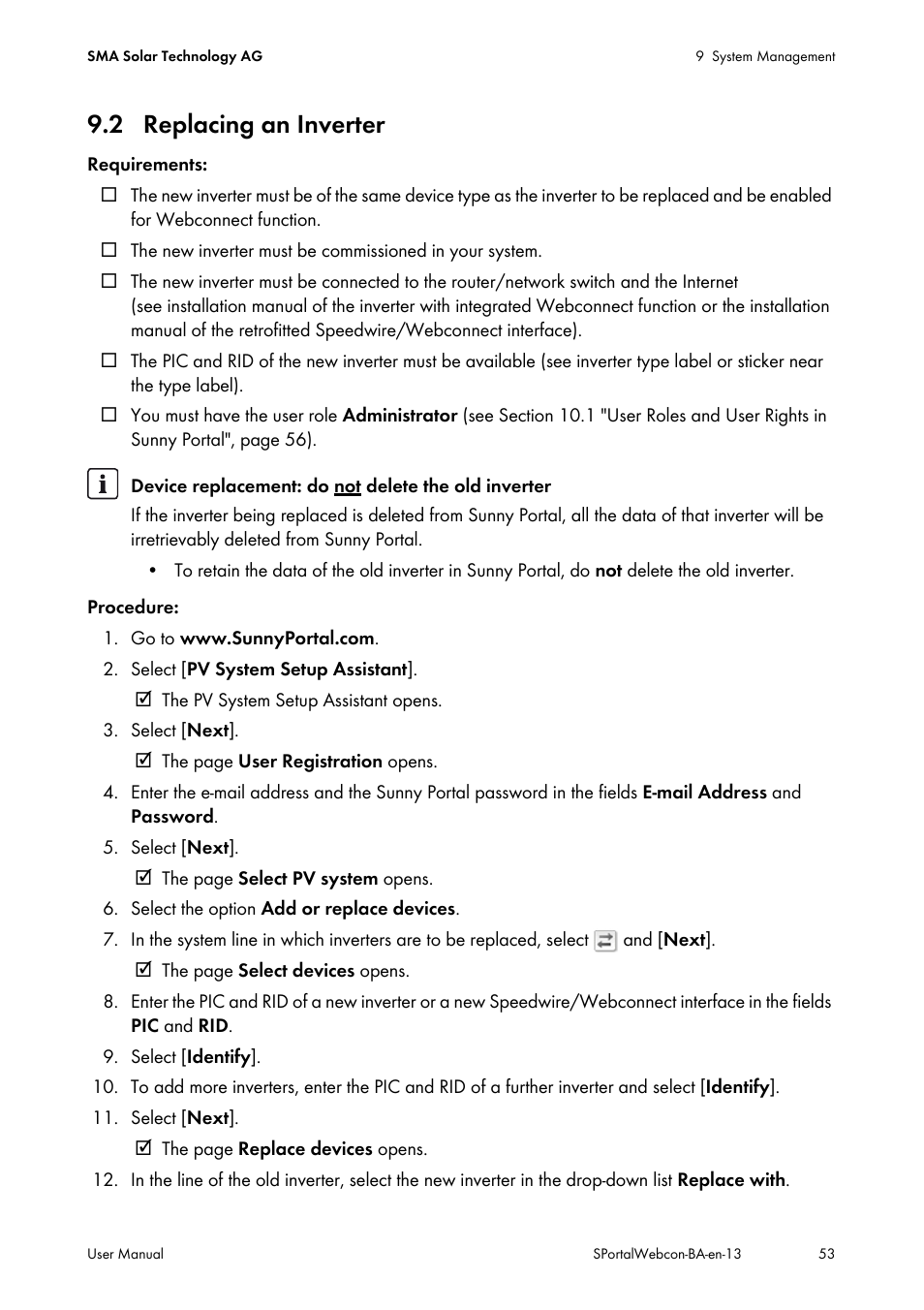 2 replacing an inverter | SMA Webconnect Systems in SUNNY PORTAL User Manual | Page 53 / 69