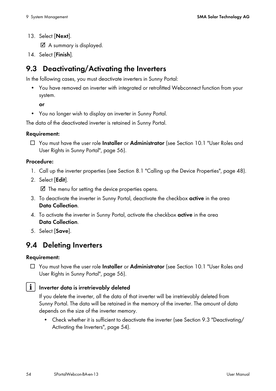 3 deactivating/activating the inverters, 4 deleting inverters | SMA Webconnect Systems in SUNNY PORTAL User Manual | Page 54 / 69