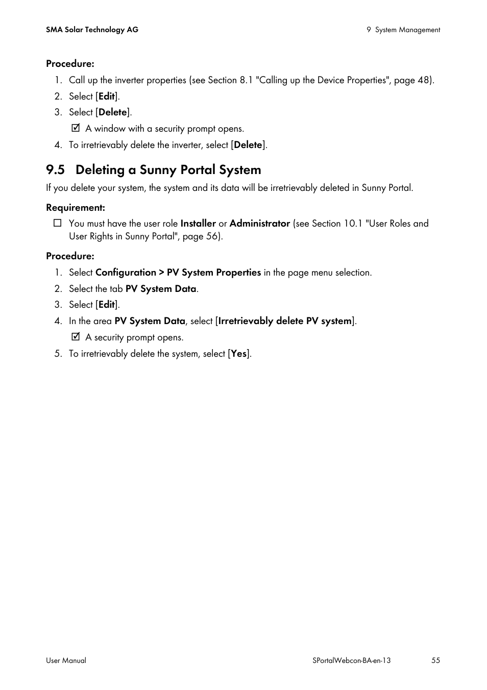 5 deleting a sunny portal system | SMA Webconnect Systems in SUNNY PORTAL User Manual | Page 55 / 69