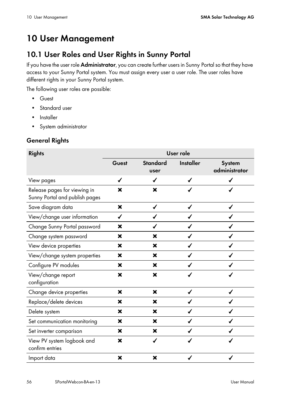 10 user management, 1 user roles and user rights in sunny portal, See section 10.1 "user roles and | SMA Webconnect Systems in SUNNY PORTAL User Manual | Page 56 / 69