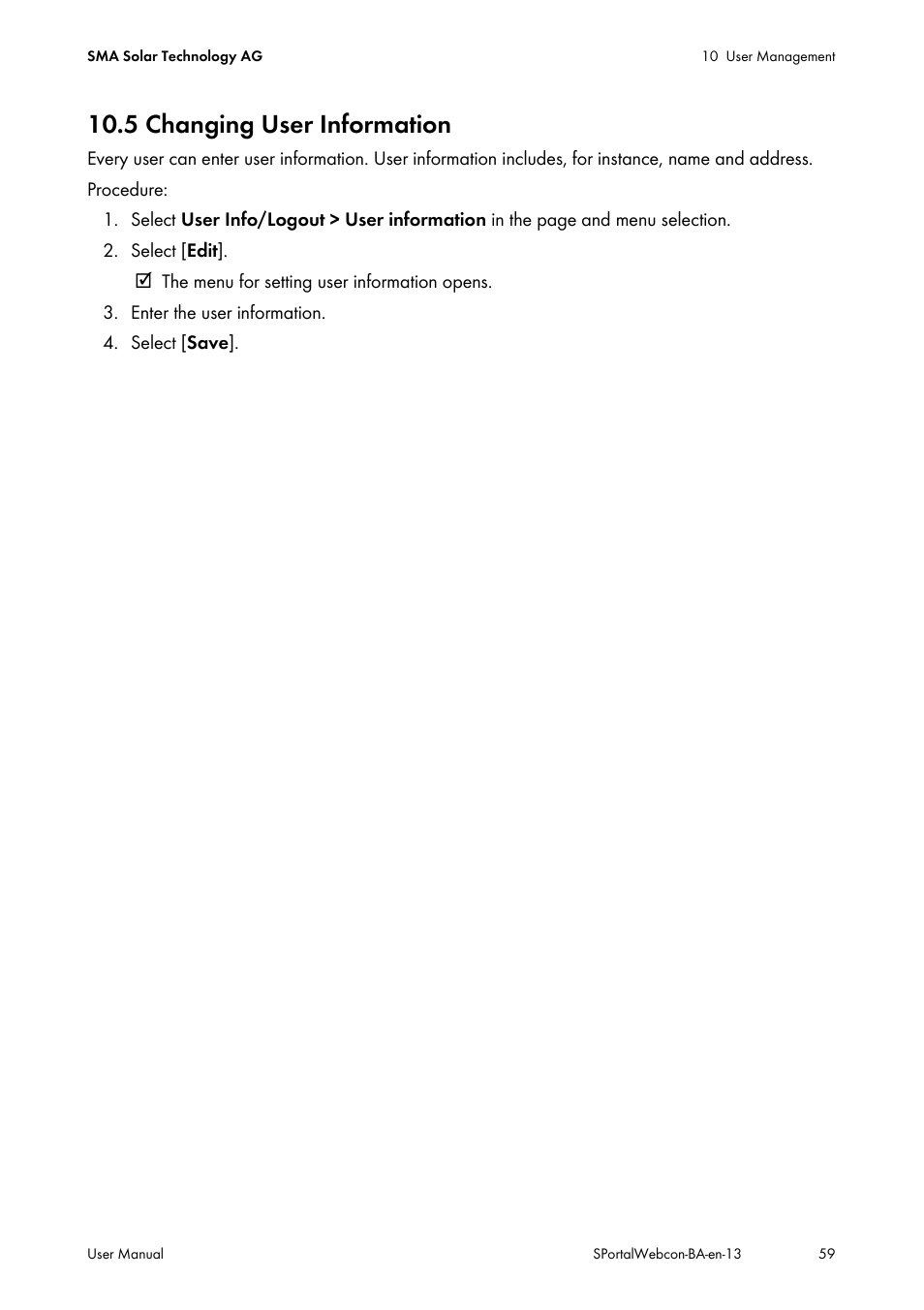 5 changing user information | SMA Webconnect Systems in SUNNY PORTAL User Manual | Page 59 / 69