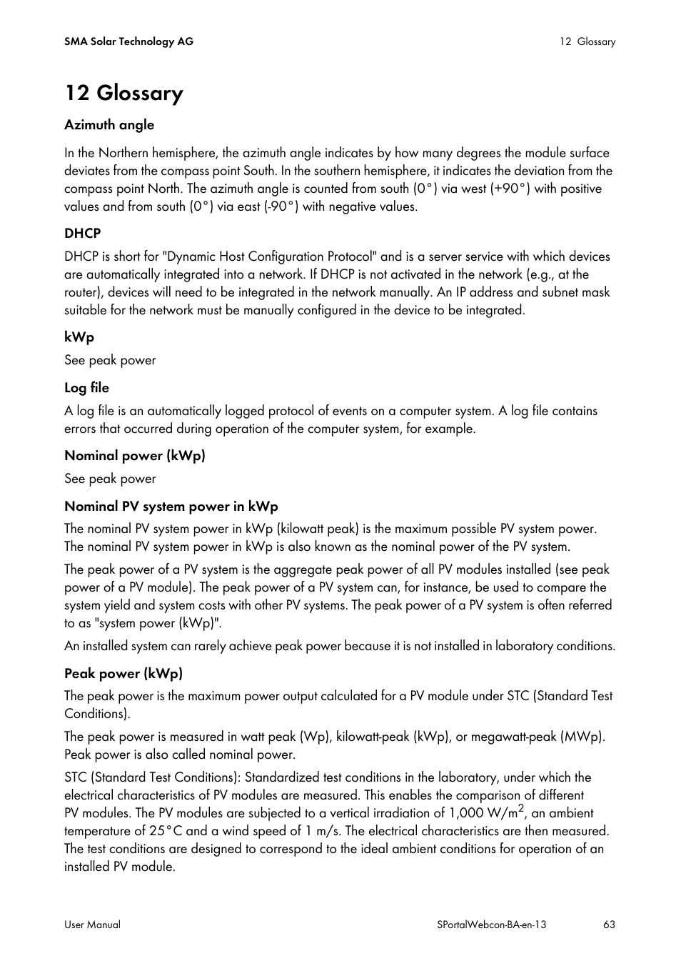 12 glossary | SMA Webconnect Systems in SUNNY PORTAL User Manual | Page 63 / 69