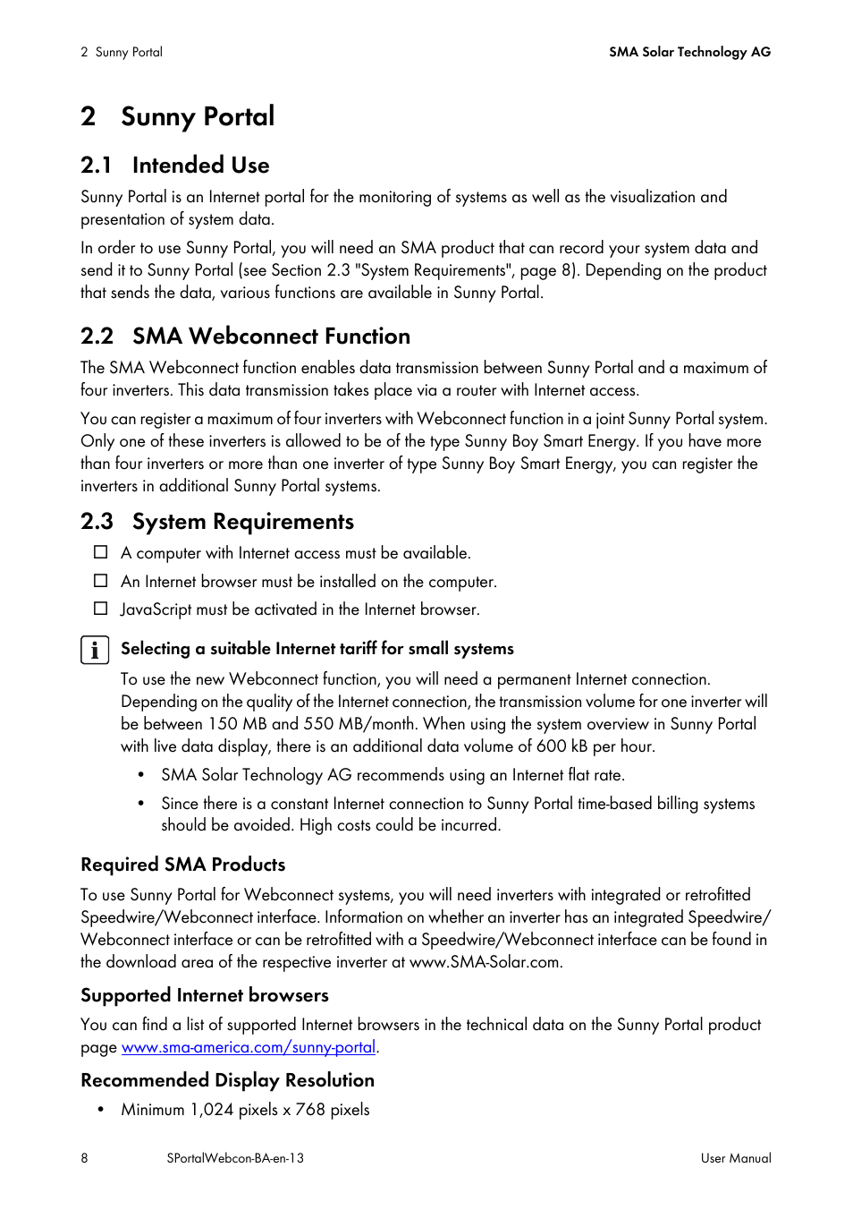 2 sunny portal, 1 intended use, 2 sma webconnect function | 3 system requirements | SMA Webconnect Systems in SUNNY PORTAL User Manual | Page 8 / 69