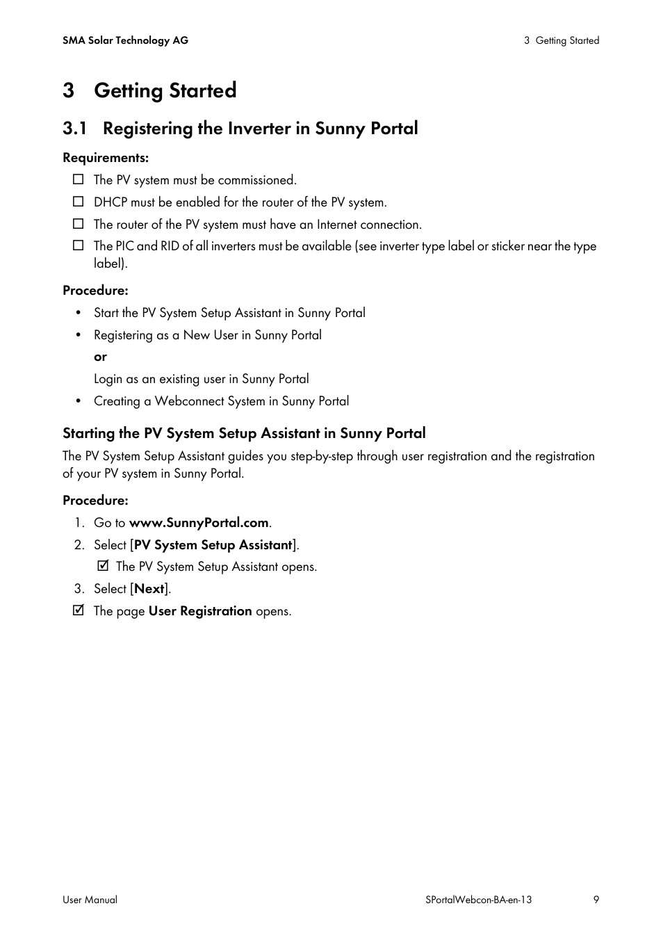 3 getting started, 1 registering the inverter in sunny portal | SMA Webconnect Systems in SUNNY PORTAL User Manual | Page 9 / 69