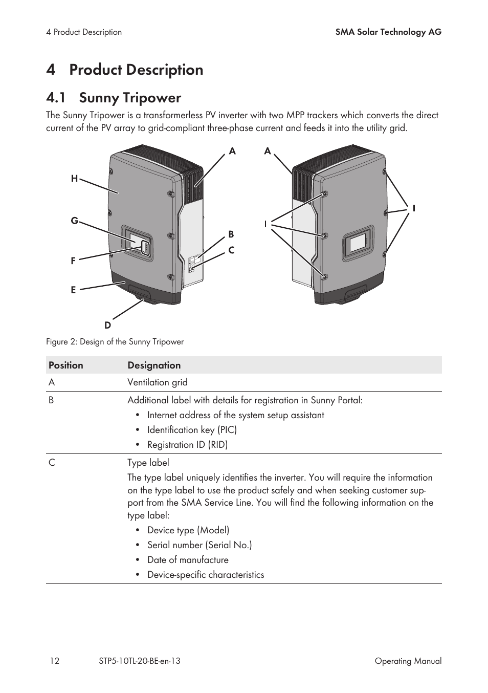 4 product description, 1 sunny tripower, Product description | Sunny tripower | SMA STP 5000TL User Manual | Page 12 / 68