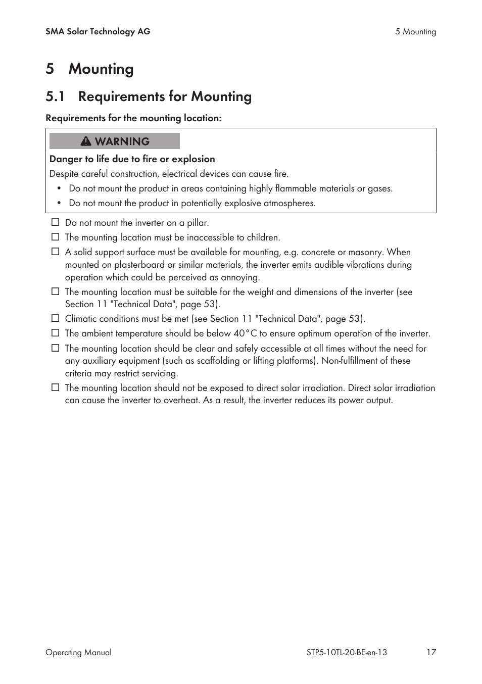 5 mounting, 1 requirements for mounting, Mounting | Requirements for mounting | SMA STP 5000TL User Manual | Page 17 / 68