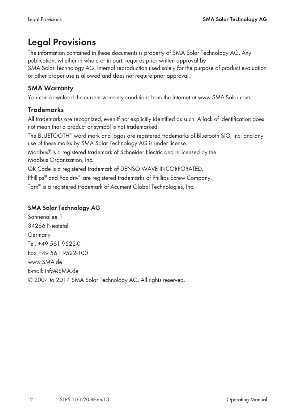 Legal provisions, Sma warranty, Trademarks | SMA STP 5000TL User Manual | Page 2 / 68