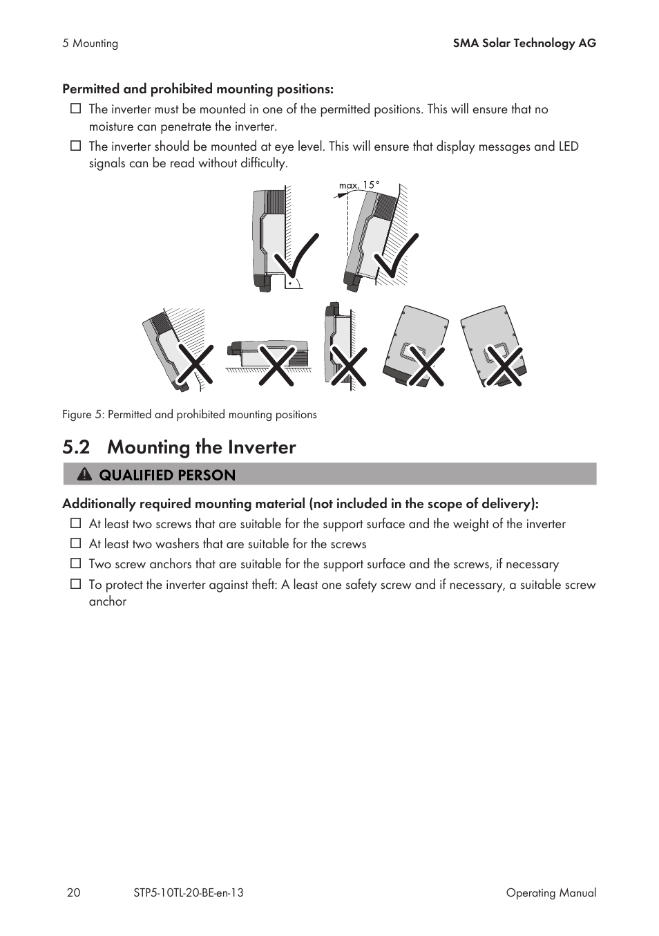 2 mounting the inverter, Mounting the inverter | SMA STP 5000TL User Manual | Page 20 / 68