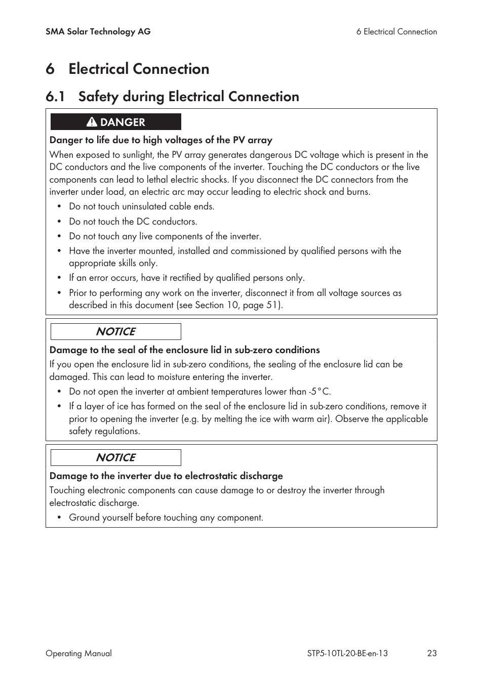 6 electrical connection, 1 safety during electrical connection, Electrical connection | Safety during electrical connection | SMA STP 5000TL User Manual | Page 23 / 68