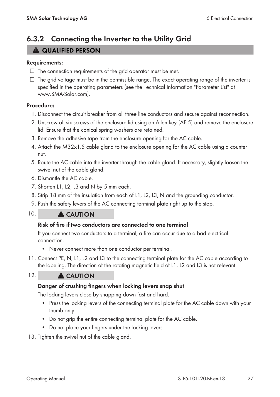 2 connecting the inverter to the utility grid, Connecting the inverter to the utility grid | SMA STP 5000TL User Manual | Page 27 / 68