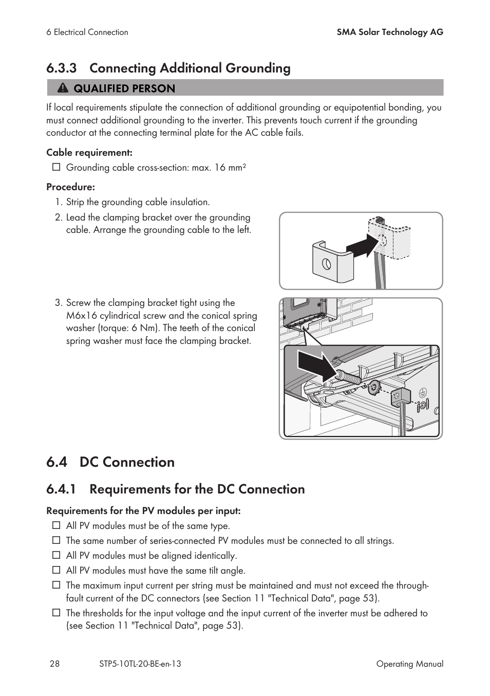 3 connecting additional grounding, 4 dc connection, 1 requirements for the dc connection | Connecting additional grounding, Dc connection, Requirements for the dc connection | SMA STP 5000TL User Manual | Page 28 / 68