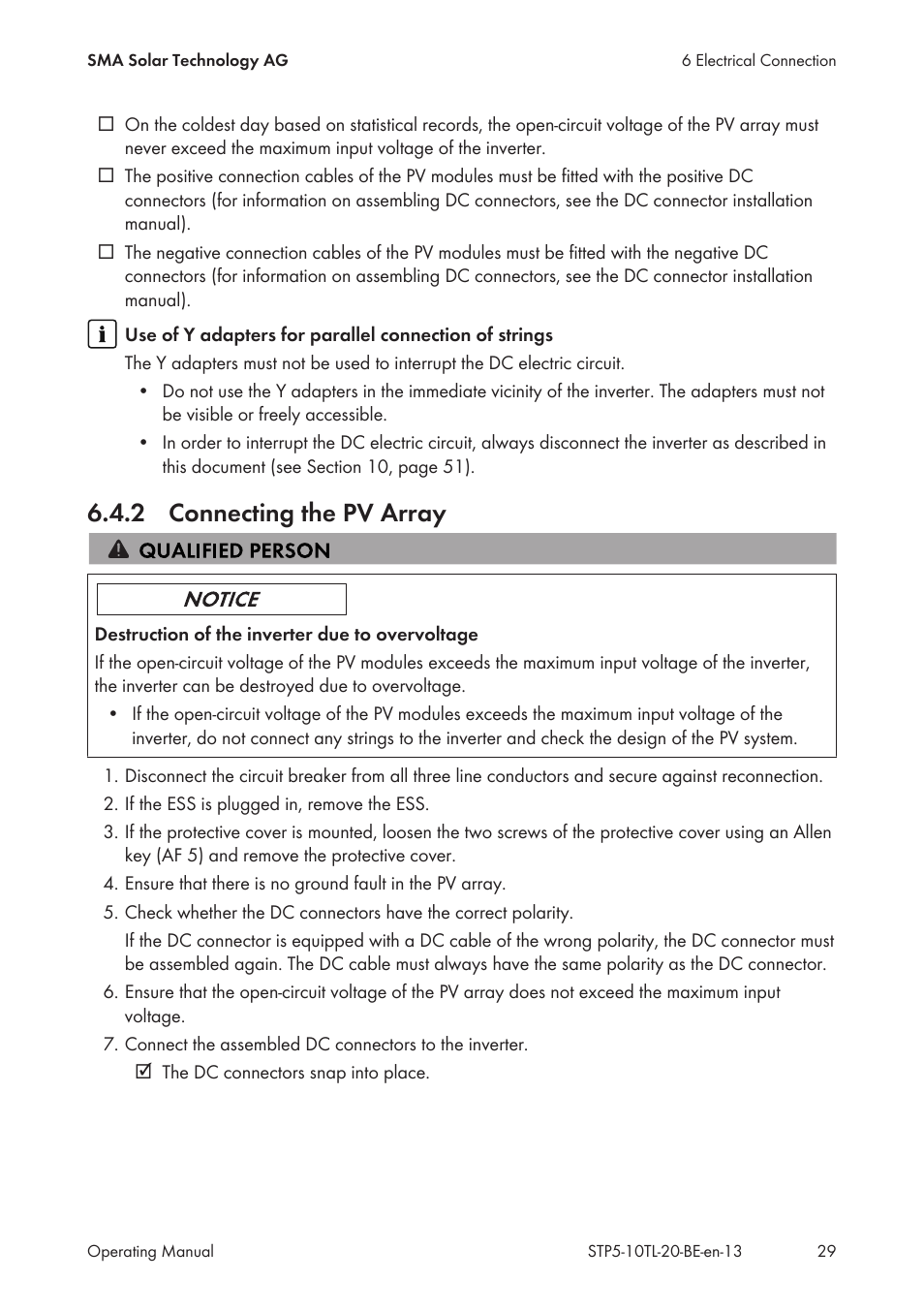 2 connecting the pv array, Connecting the pv array | SMA STP 5000TL User Manual | Page 29 / 68