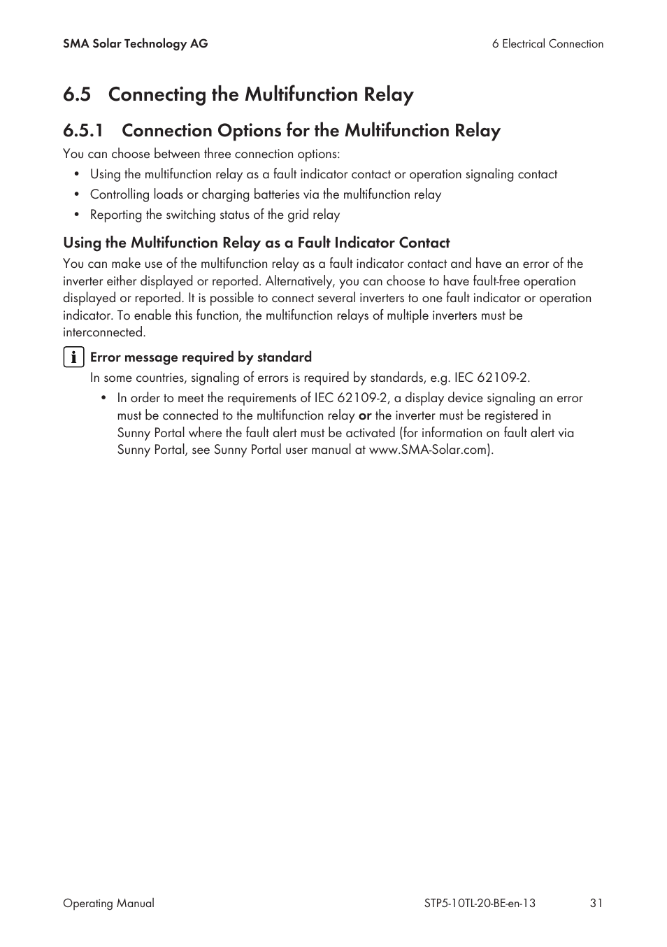5 connecting the multifunction relay, 1 connection options for the multifunction relay, Connecting the multifunction relay | Connection options for the multifunction relay | SMA STP 5000TL User Manual | Page 31 / 68