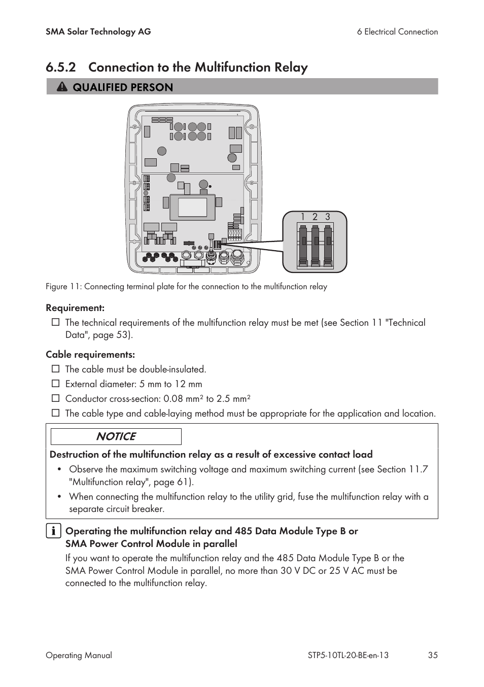 2 connection to the multifunction relay, Connection to the multifunction relay | SMA STP 5000TL User Manual | Page 35 / 68