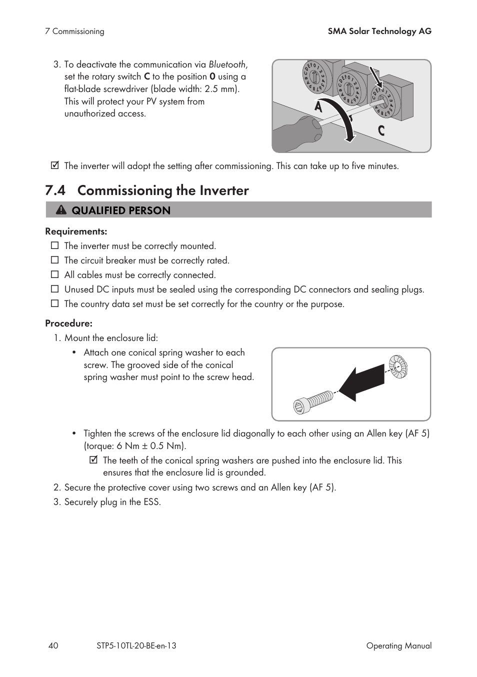 4 commissioning the inverter, Commissioning the inverter | SMA STP 5000TL User Manual | Page 40 / 68