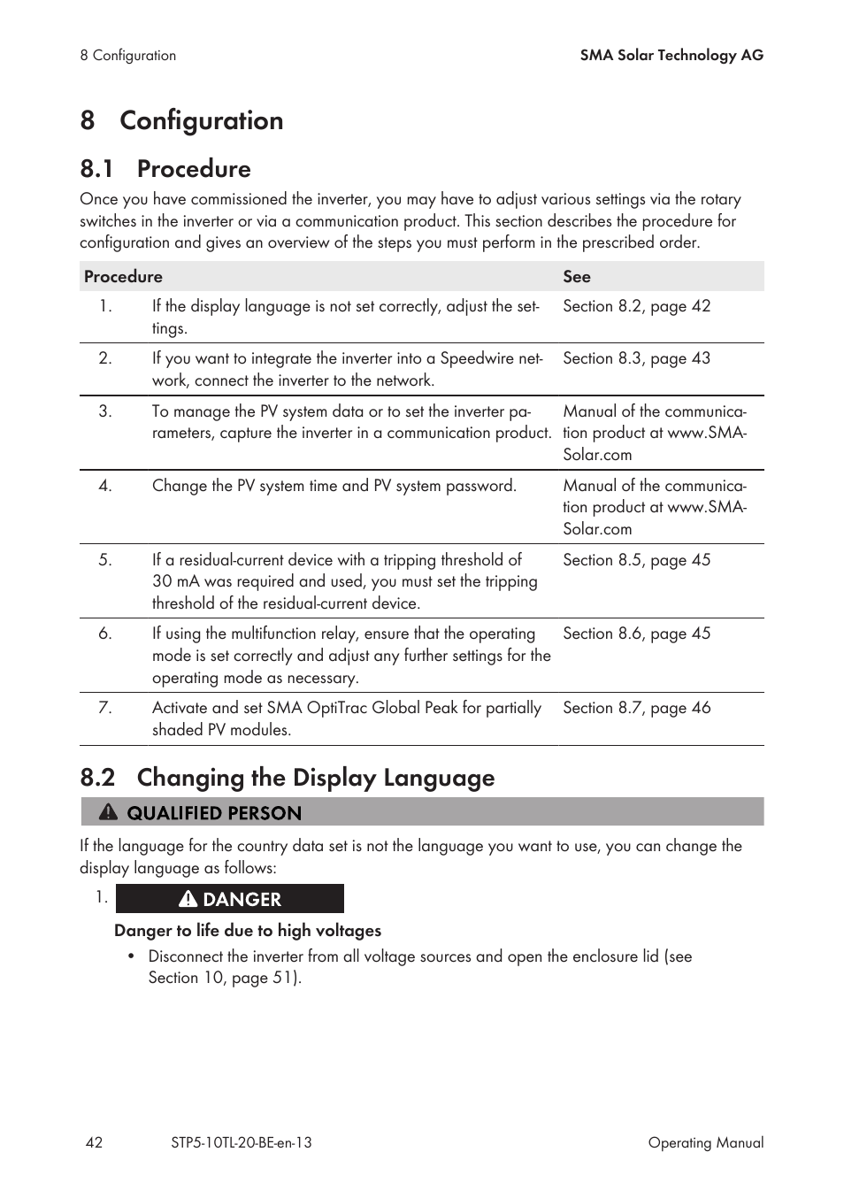 8 configuration, 1 procedure, 2 changing the display language | Configuration, Procedure, Changing the display language | SMA STP 5000TL User Manual | Page 42 / 68