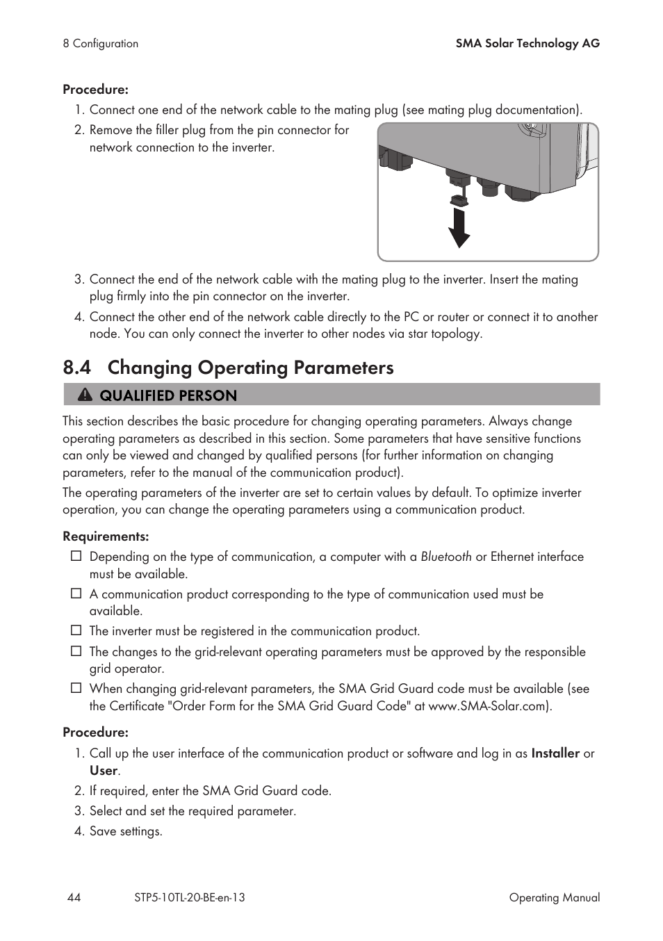 4 changing operating parameters, Changing operating parameters | SMA STP 5000TL User Manual | Page 44 / 68