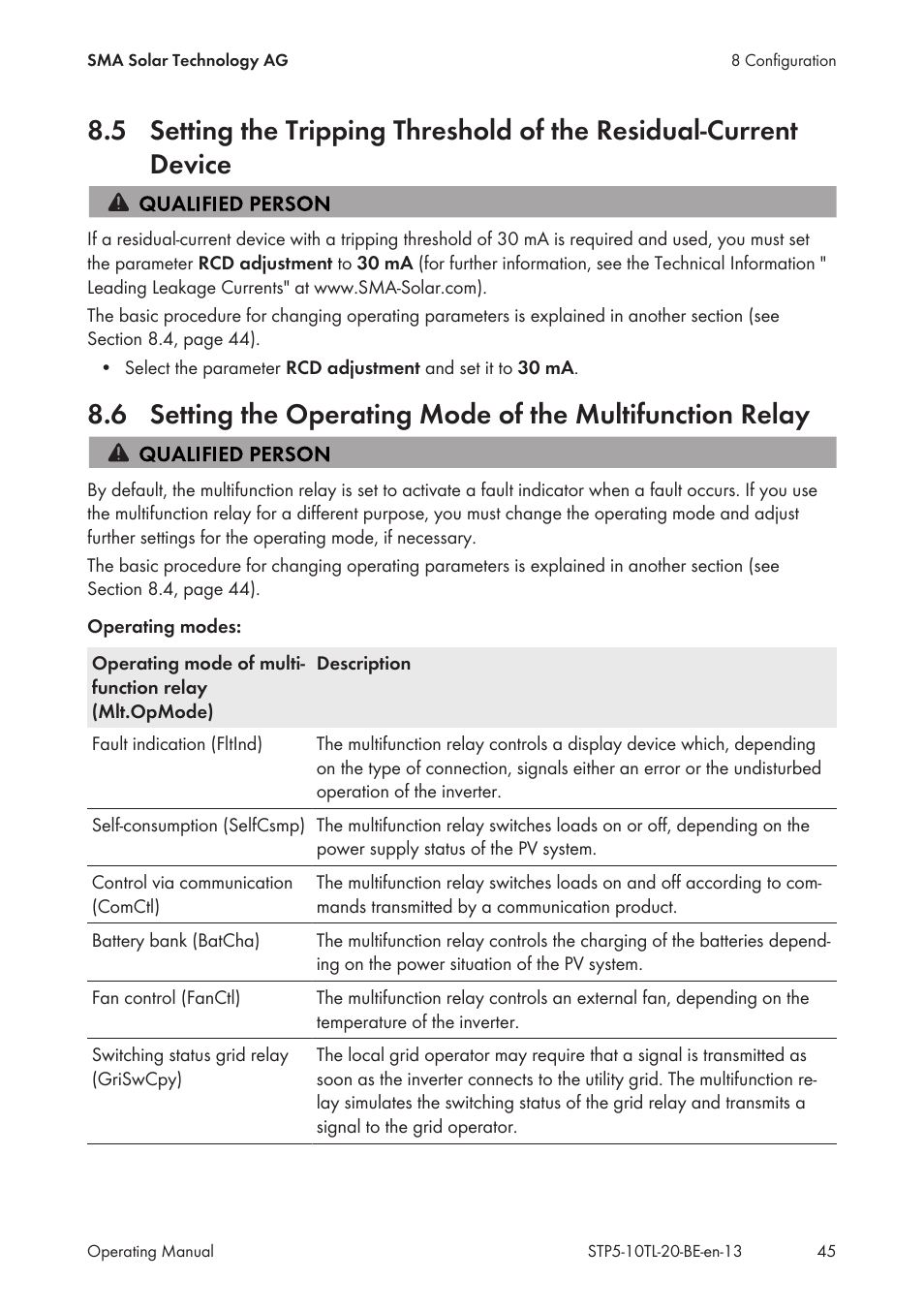 SMA STP 5000TL User Manual | Page 45 / 68