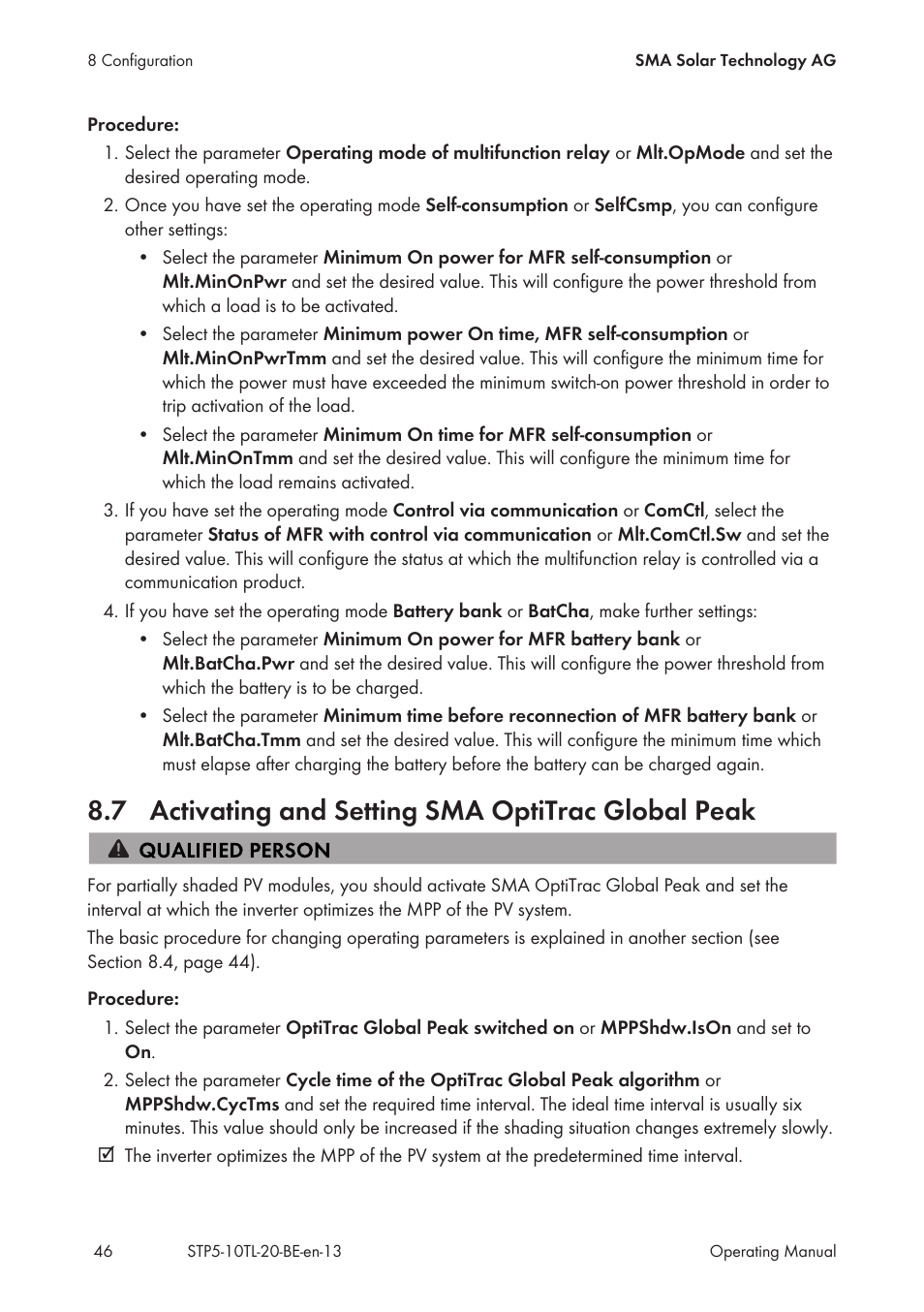 7 activating and setting sma optitrac global peak, Activating and setting sma optitrac global peak | SMA STP 5000TL User Manual | Page 46 / 68