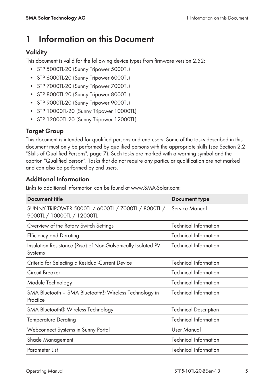 1 information on this document, Information on this document | SMA STP 5000TL User Manual | Page 5 / 68