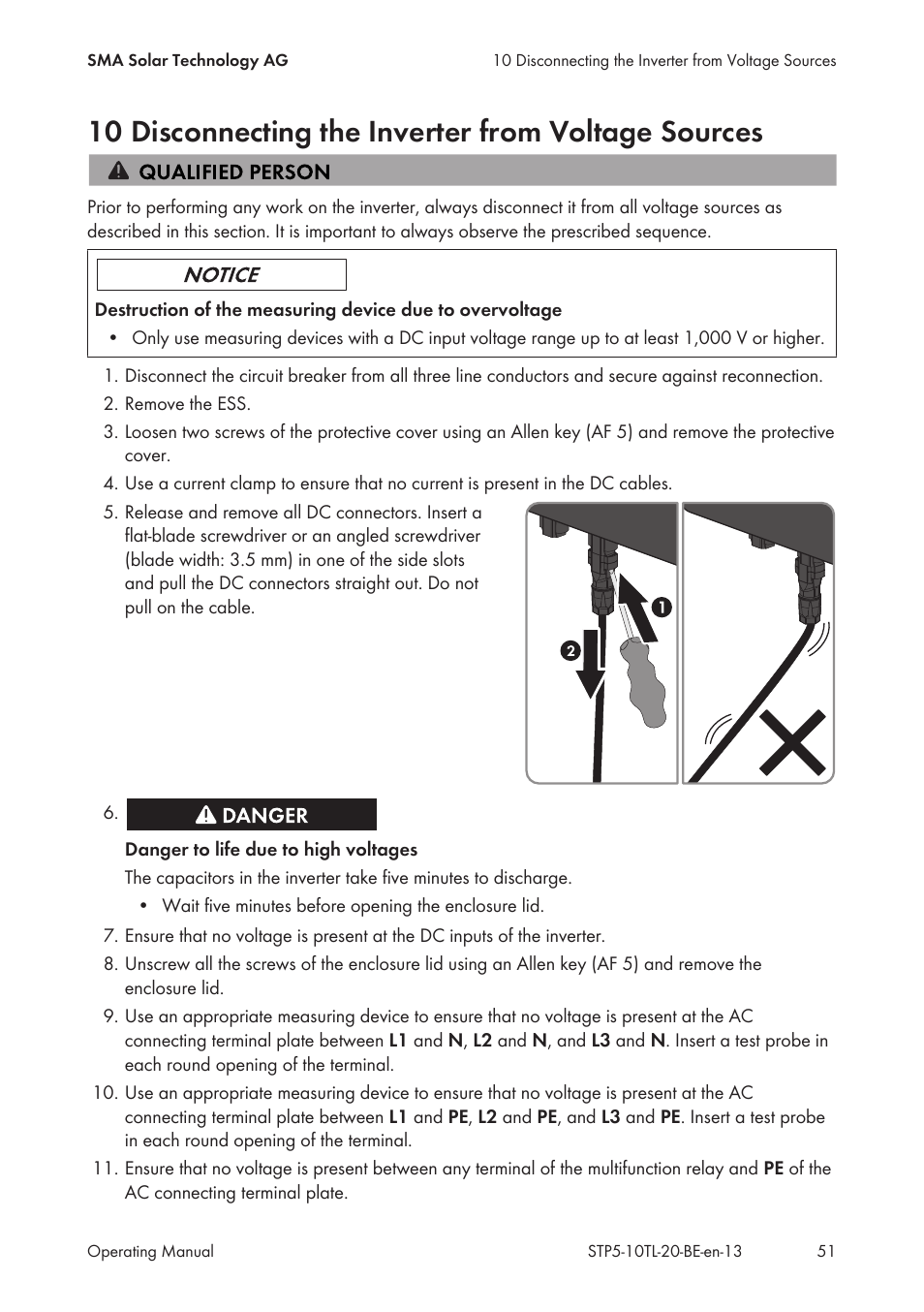 10 disconnecting the inverter from voltage sources | SMA STP 5000TL User Manual | Page 51 / 68