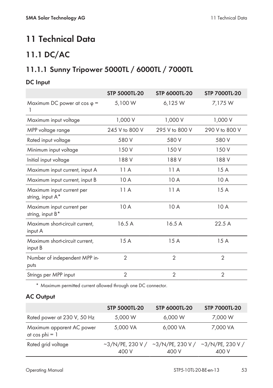 11 technical data, 1 dc/ac, 1 sunny tripower 5000tl / 6000tl / 7000tl | See section 11 "technical | SMA STP 5000TL User Manual | Page 53 / 68
