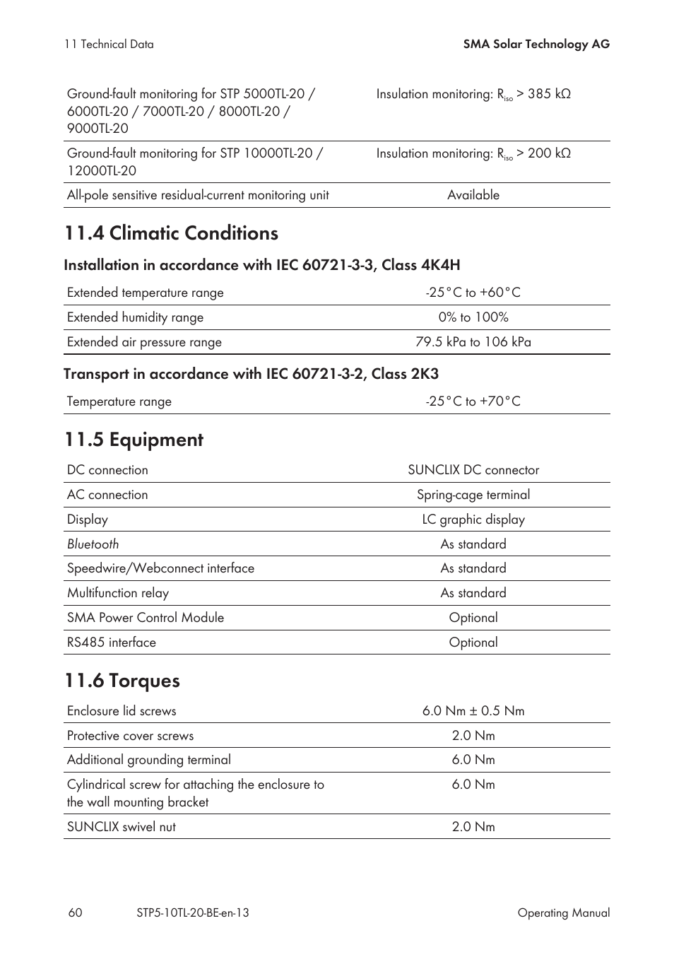 4 climatic conditions, 5 equipment, 6 torques | 4 climatic conditions 11.5 equipment 11.6 torques | SMA STP 5000TL User Manual | Page 60 / 68