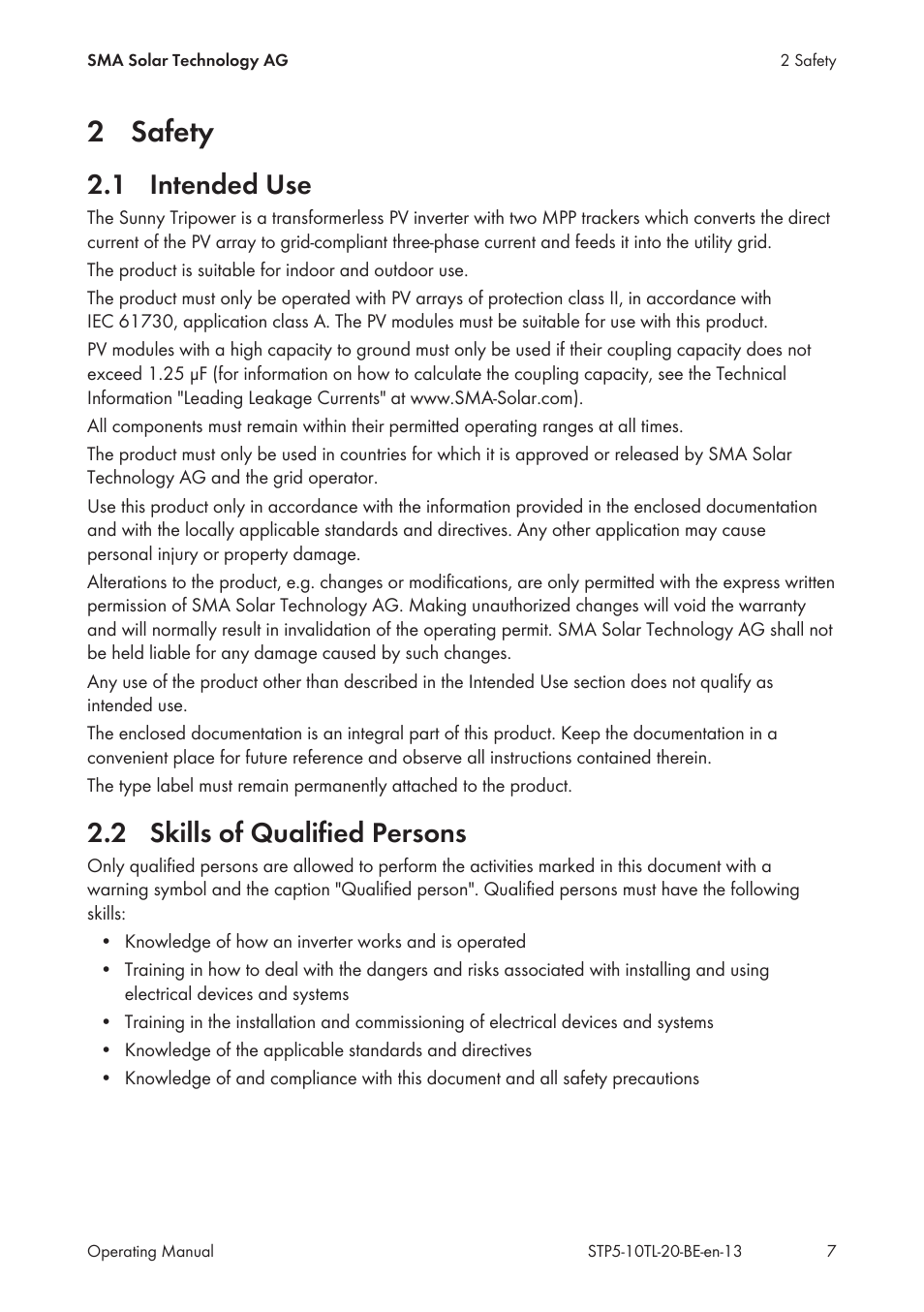 2 safety, 1 intended use, 2 skills of qualified persons | Safety, Intended use, Skills of qualified persons | SMA STP 5000TL User Manual | Page 7 / 68