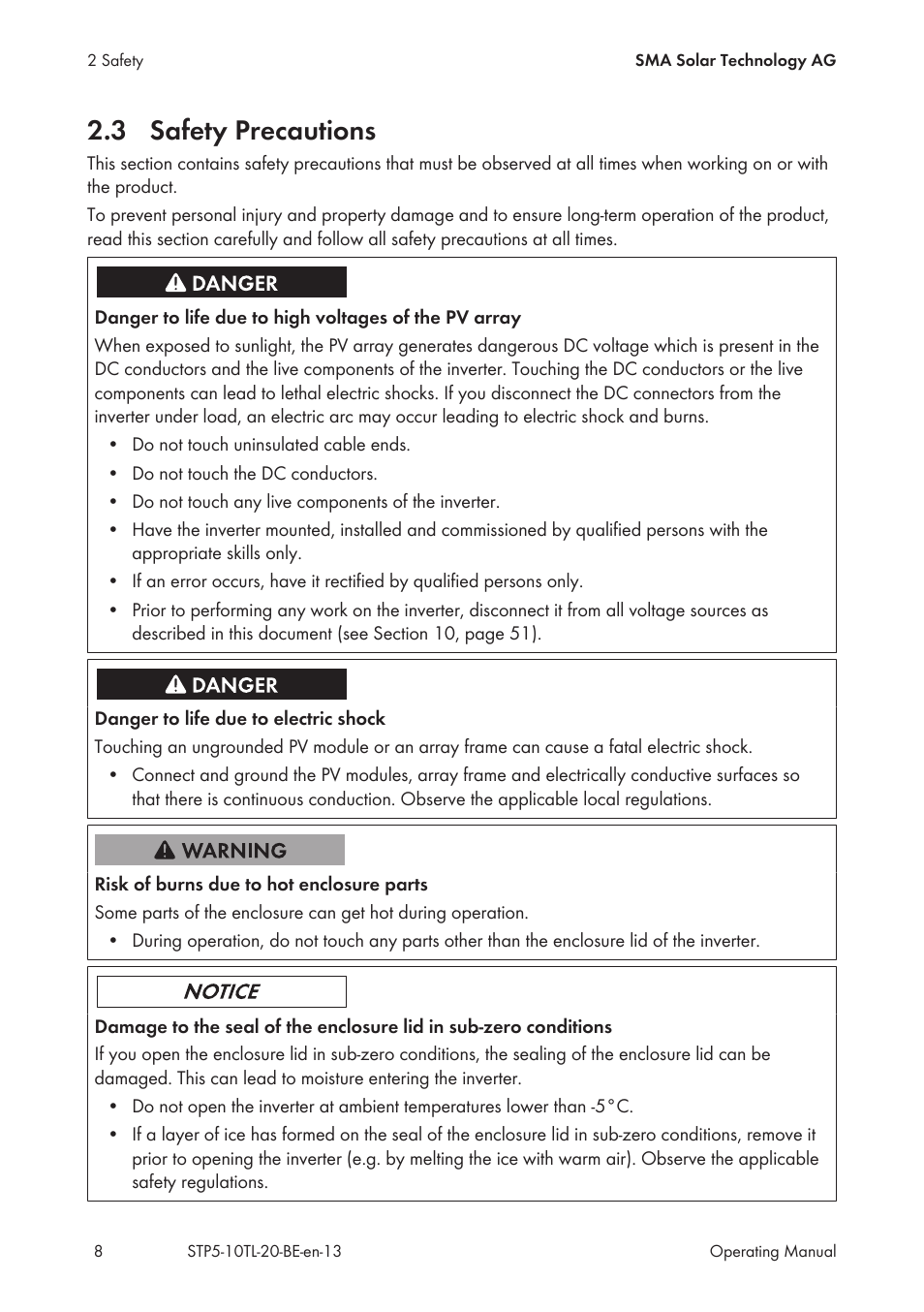 3 safety precautions, Safety precautions | SMA STP 5000TL User Manual | Page 8 / 68