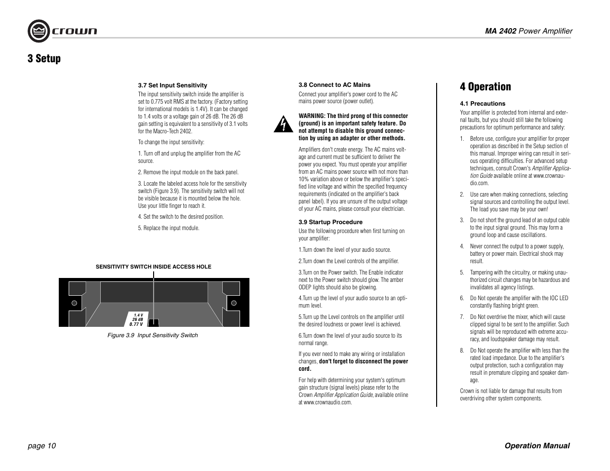 4 operation, 3 setup | Crown Audio MA-2402 User Manual | Page 10 / 36