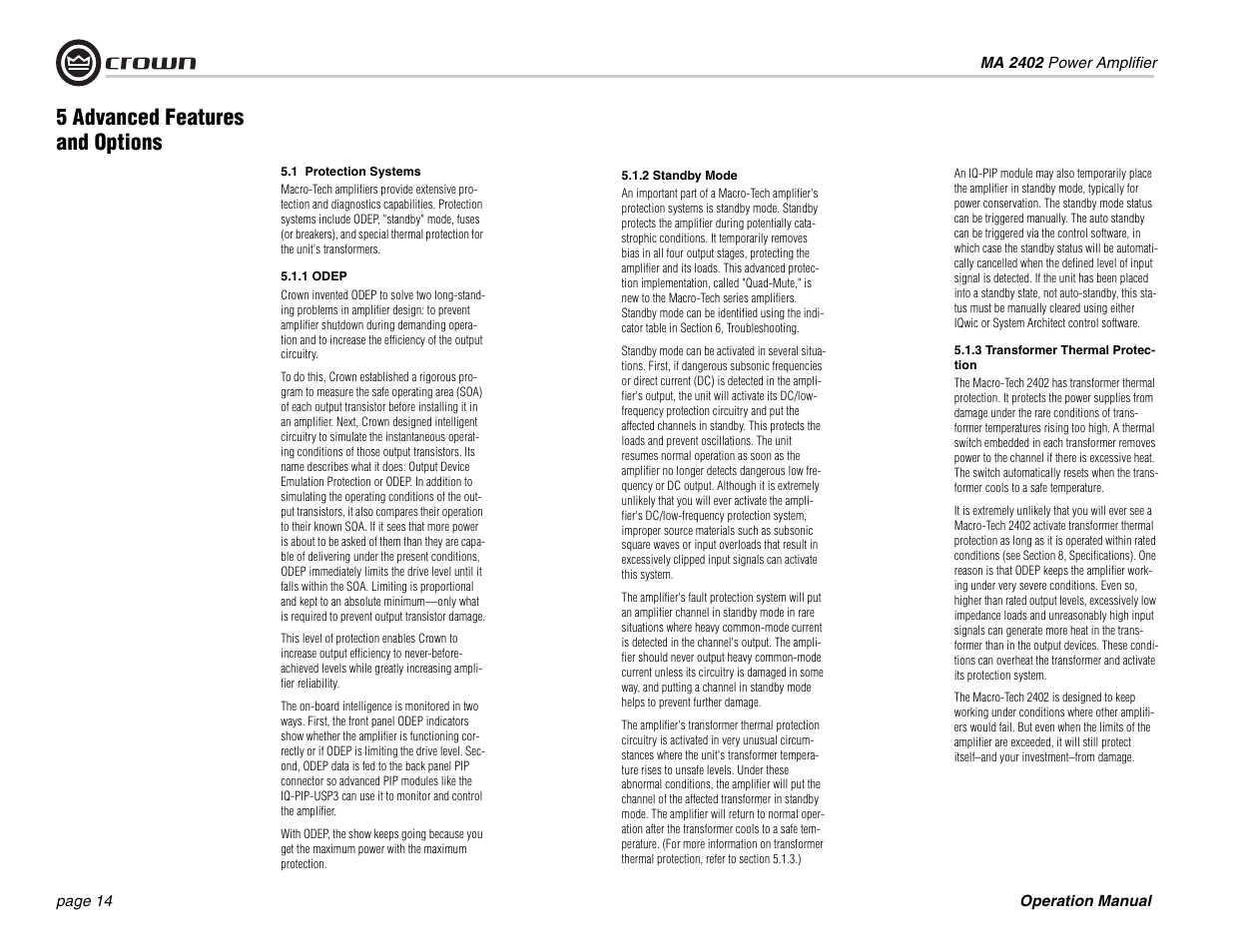 5 advanced features and options | Crown Audio MA-2402 User Manual | Page 14 / 36