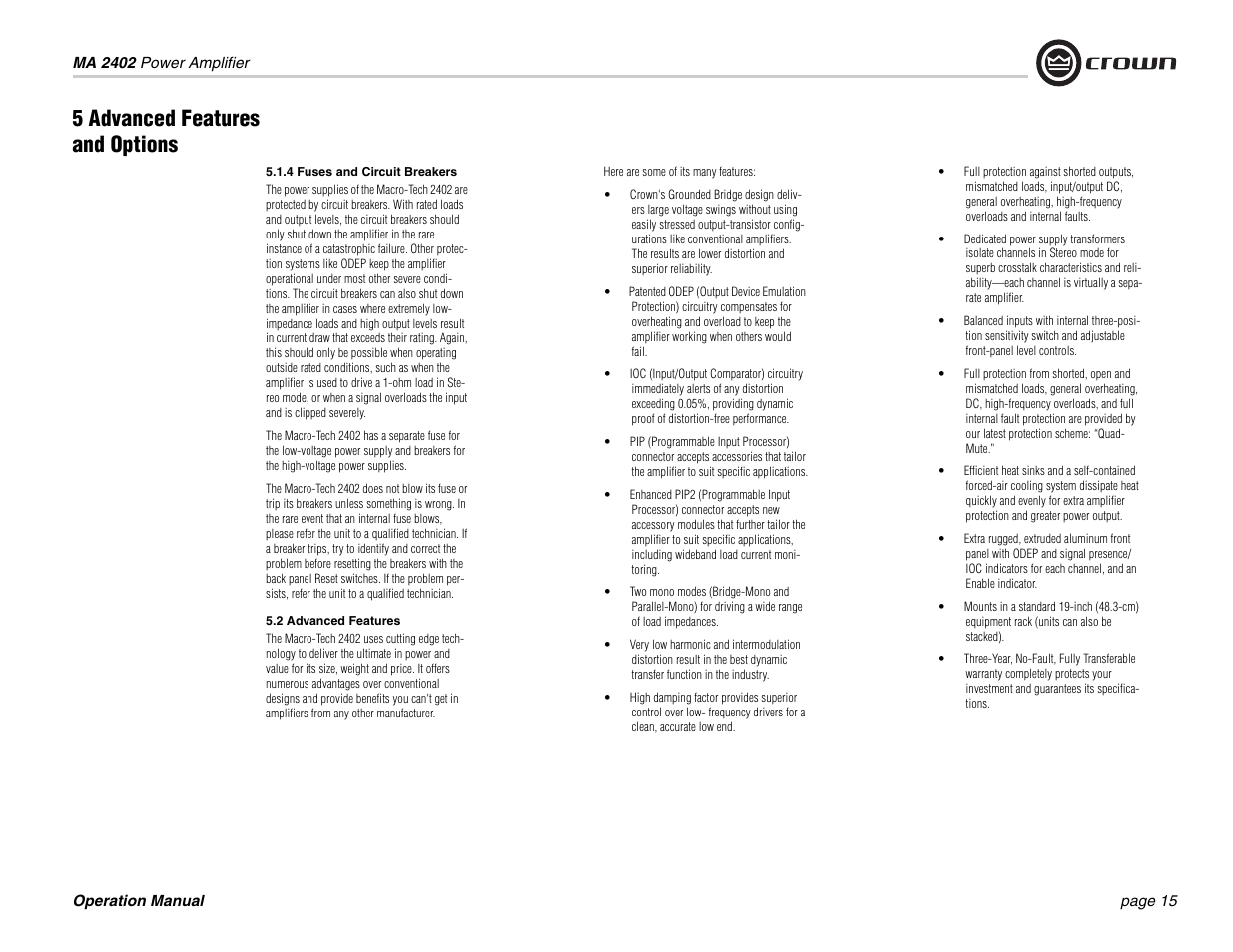 5 advanced features and options | Crown Audio MA-2402 User Manual | Page 15 / 36