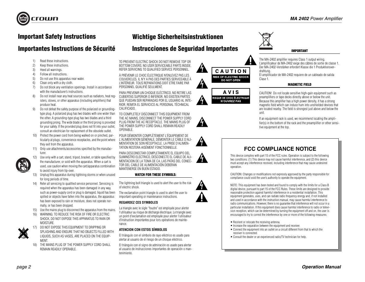 Important safety instructions, Fcc compliance notice | Crown Audio MA-2402 User Manual | Page 2 / 36