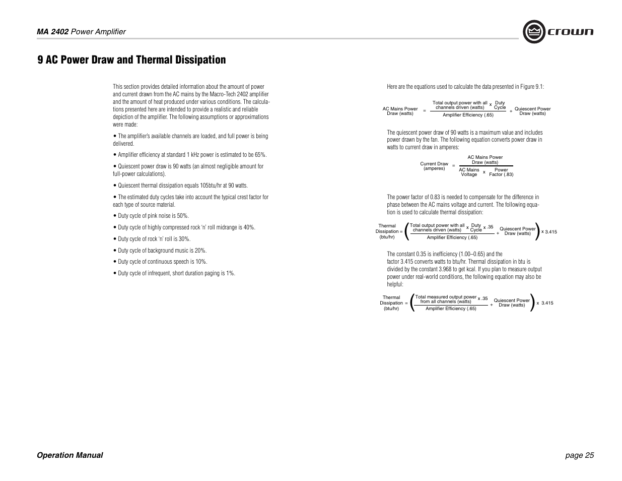 9 ac power draw and thermal dissipation | Crown Audio MA-2402 User Manual | Page 25 / 36